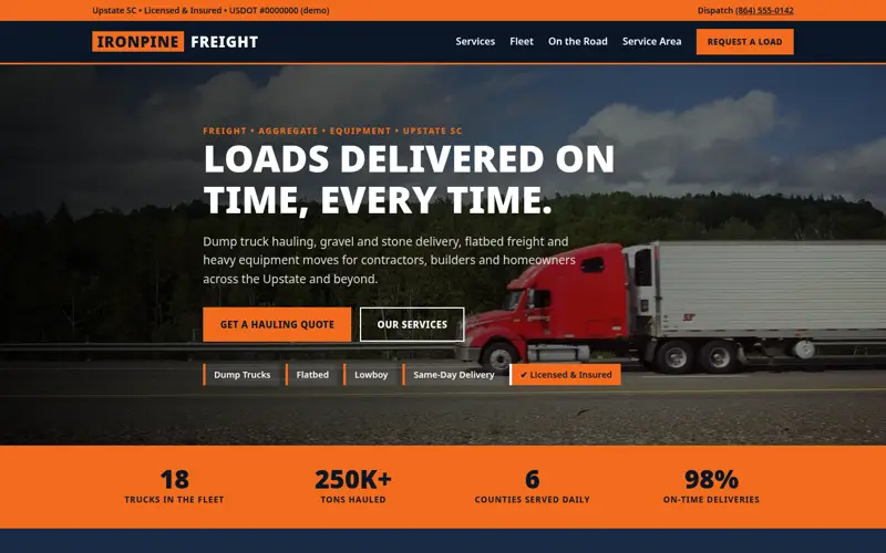 Screenshot of the Ironpine Freight & Hauling demo site